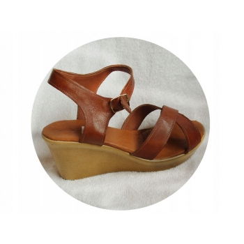 SKÓRZANE sandały tęgośc H BRĄZOWE koturn 36