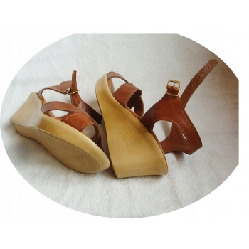 SKÓRZANE sandały tęgośc H BRĄZOWE koturn 36