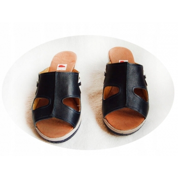 SKÓRZANE klapki granat koturn tęgośc G i H 40