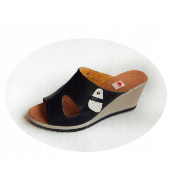 SKÓRZANE klapki granat koturn tęgośc G i H 39