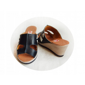 SKÓRZANE klapki granat koturn tęgośc G i H 39