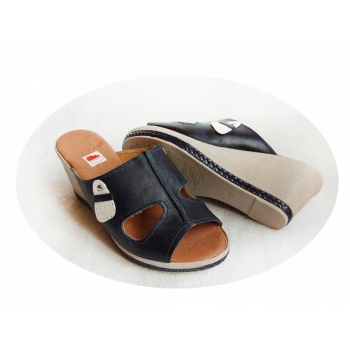 SKÓRZANE klapki granat koturn tęgośc G i H 39