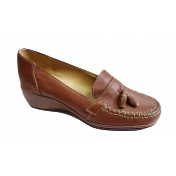 Buty mokasyny skórzane koturn, brązowy, 36