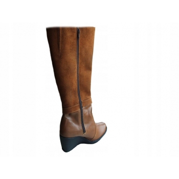 Kozaczki Damskie na Koturnie Skórzane, Camel, Nr 37