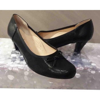 Czółenko Damskie Skóra Obcas 6,5 cm 44 - Czarne Skórzane Buty Nowe