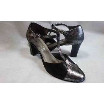 Czarne Skórzane Hiszpanki z Srebrem