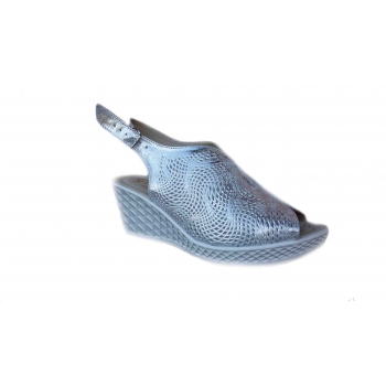 Sandałki koturn tęg. H - skóra srebrna, ażurowe