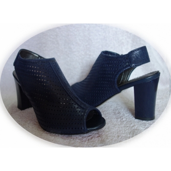 Modne Sandały Granatowe, Skóra Naturalna, Szersza Stopa